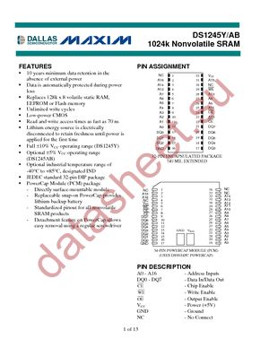 DS1245Y-70IND+ datasheet  